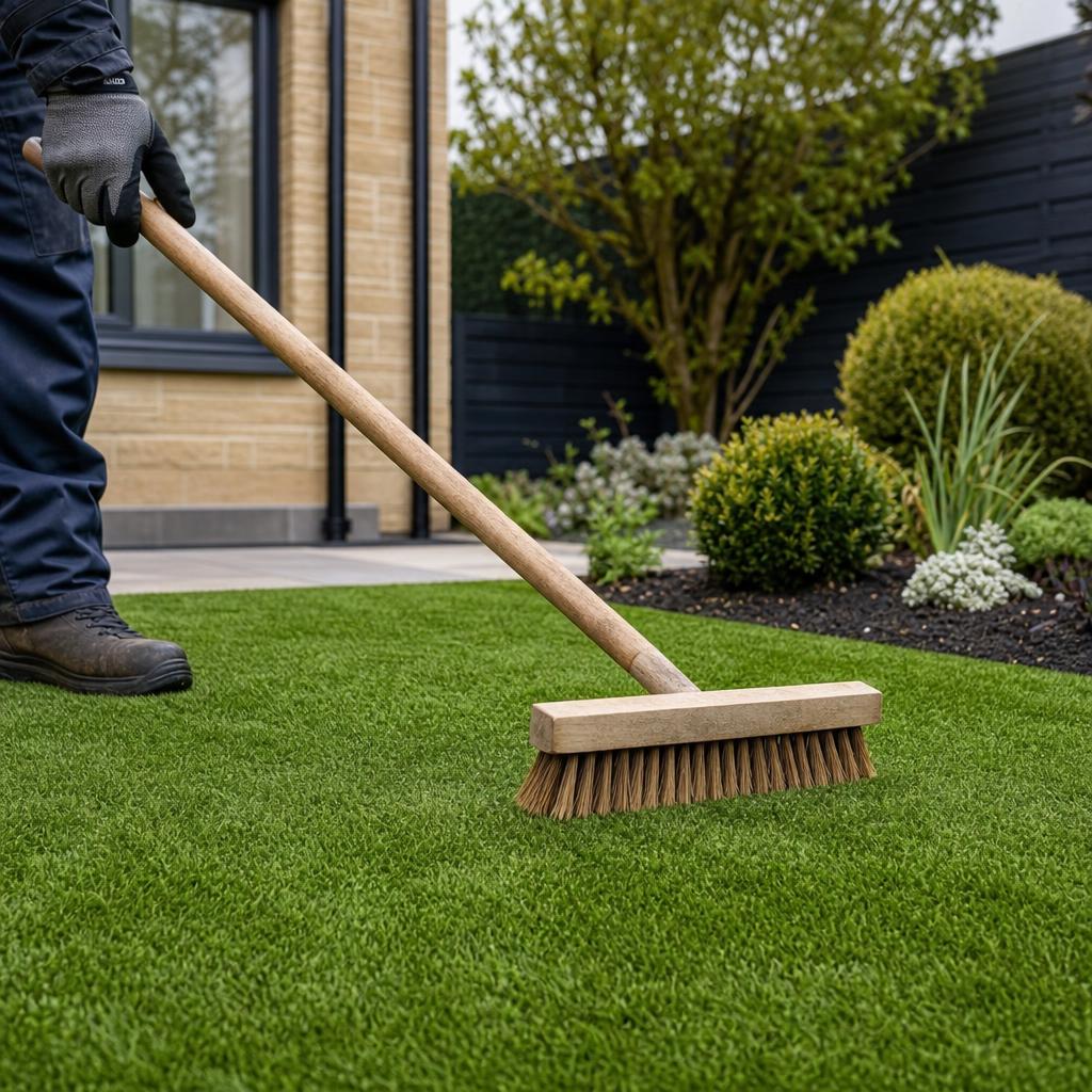 Illustration of artificial grass being brushed