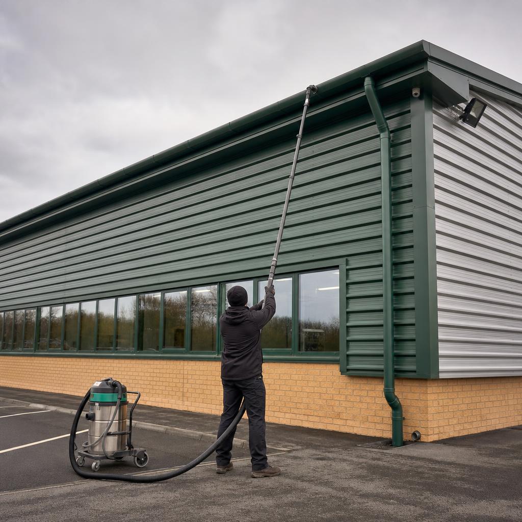Illustration of commercial gutter cleaning at a managed site