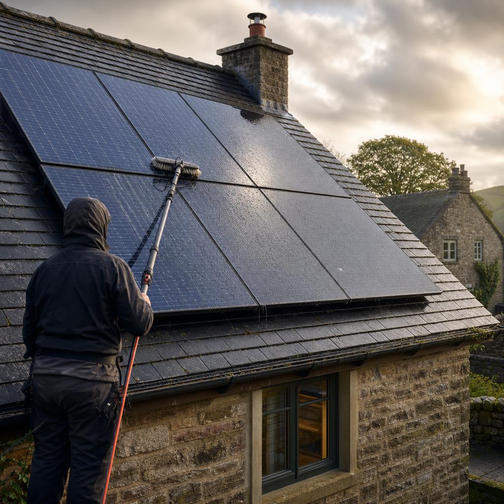 Illustration of solar panels being cleaned with a soft brush