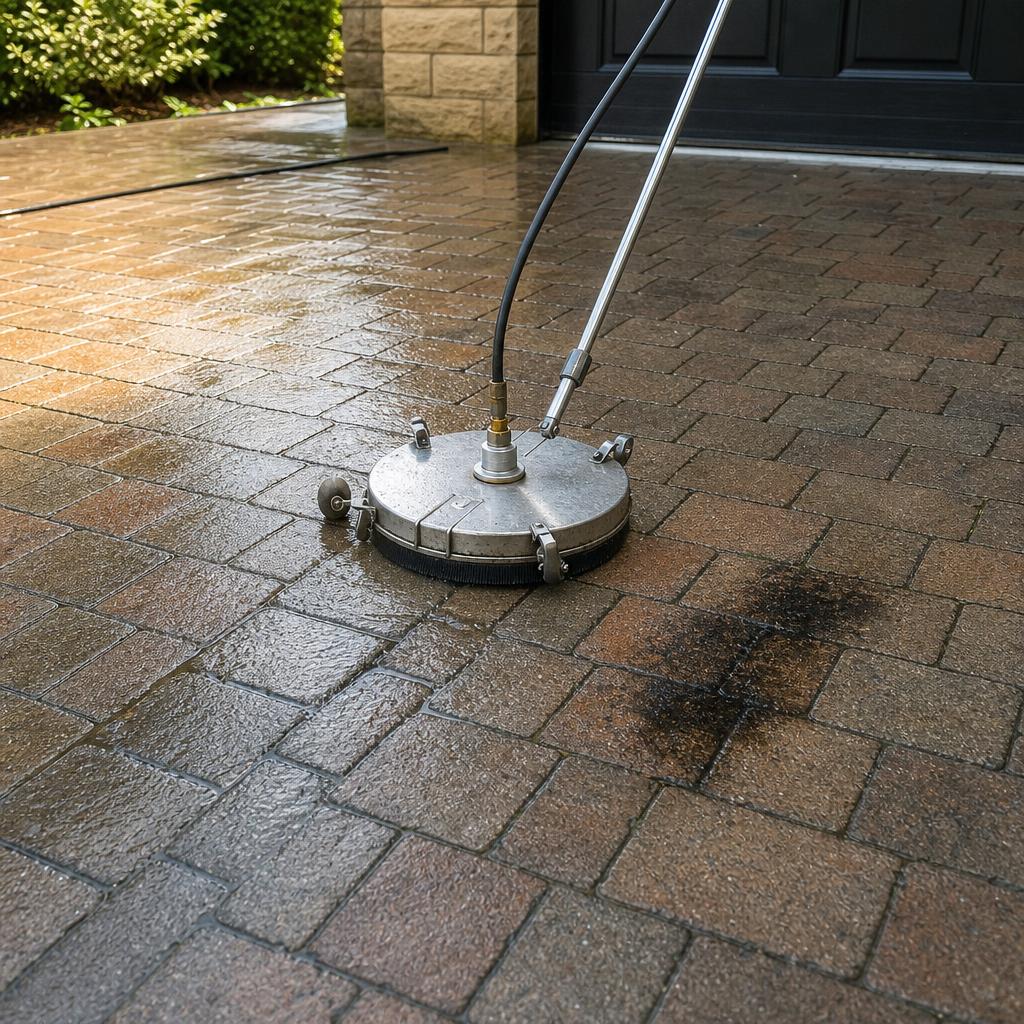 Illustration of a stained paved surface being cleaned