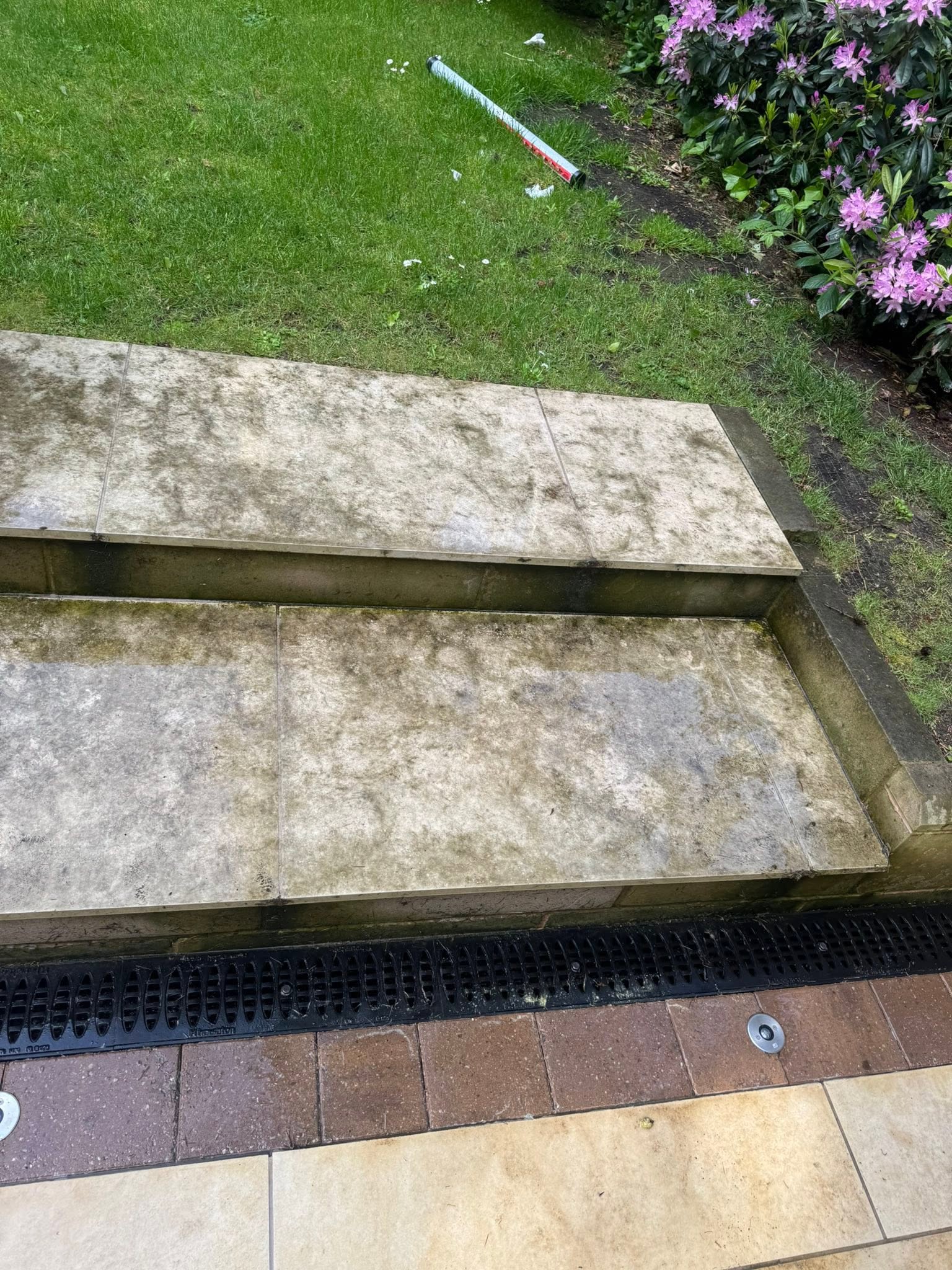 Tiled outdoor steps before cleaning